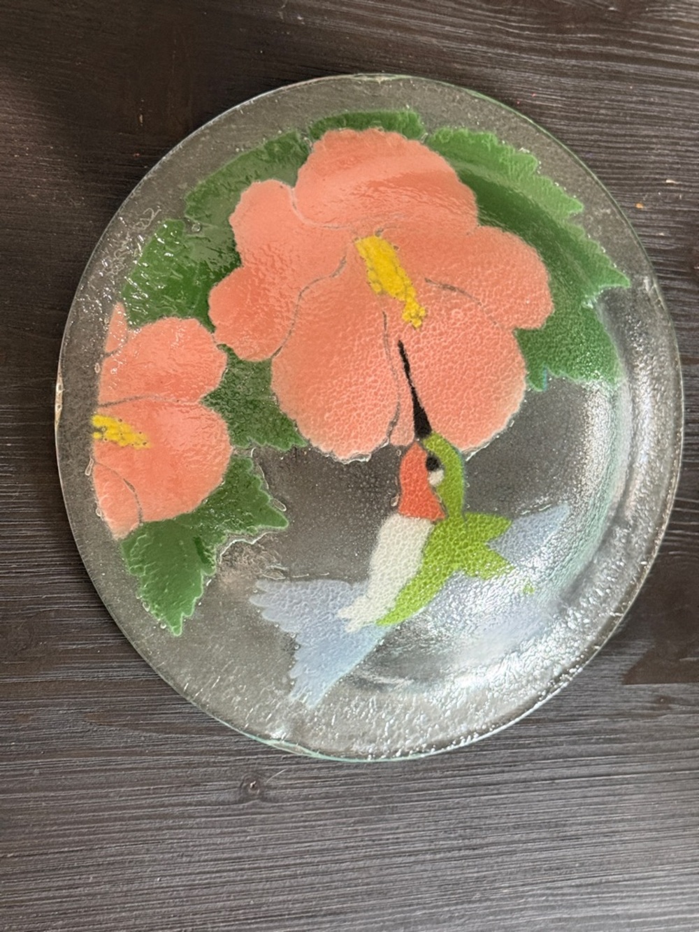 Peggy Karr Fused Glass Hummingbird Hibiscus Bowl 11" diameter 2" deep Signed - Picture 10 of 10